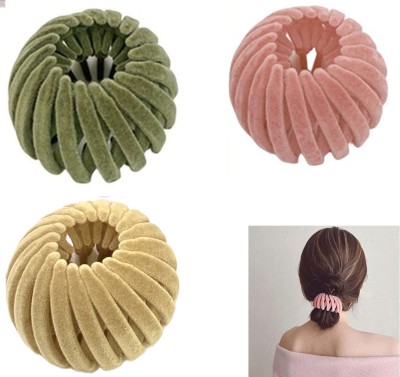 Fezzalo 3 Pcs Magic Bird Nest Hair Clip/ Expandable Hair Bun Maker/ Bun Clip Valvet Bun Clip(Green, Pink, Beige)