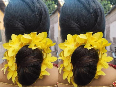 PSYCHFLORE YELLOW ORCHID GAJRA SET OF 2 PC-Y3 Hair Accessory Set(Yellow)