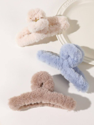 POSH COLLECTION Premium Fur Hair Claw Clip | Large Korean Hair Accessory for Women & Girl |3 pcs Hair Claw(Multicolor)