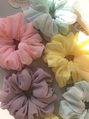 hummanbird Chiffon Soft Pastel Scrunchies, Hair Ties for Women/Girls Set of 5 Scrunchies Rubber Band(Pink, Blue, Purple, Yellow, Green)
