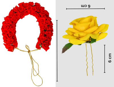 PSYCHFLORE RED ROSE GAJRA WITH YELLOW ROSE PIN SET OF 2 PC-Y3 Hair Accessory Set(Multicolor)