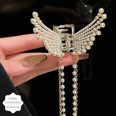 Rubela Korean Style Butterfly Grip Pearl Tassel Clip Hair Claw Shark Clip Metal Clip Hair Clip(Gold)