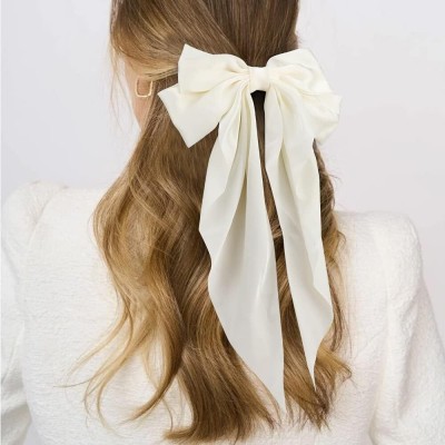 Dreamish Imitation Satin Silk Long Ribbon Double Bow Hair Clip for Women Girls Hair Accessories D Hair Clip(Beige)