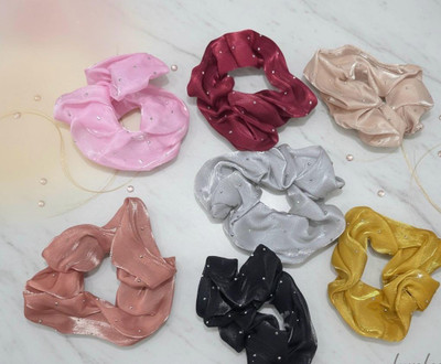Monvessa Trendy Crystal Silk Satin Scrunchies for Women & Girls | Stylish Set of 7 Pcs Hair Band(Multicolor)