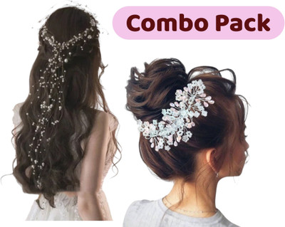 house of common Peach white Tiara_White Jhalar Hair Tiara Head Band(White)