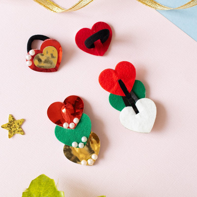 RibbonCandy Cute mirror heart tic-tac pins embellished pearls with mathing rubber bands Hair Accessory Set(Red, Green, Gold)
