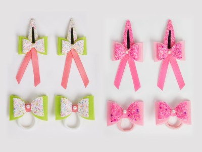 RibbonCandy 2 Pairs bow tic-tac pins & 2 pairs matching rubberband-Pink,Flouroscent Green Hair Accessory Set(Pink)