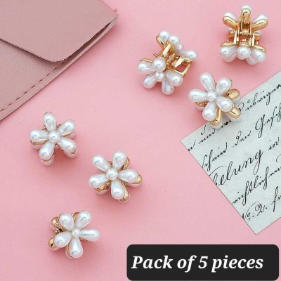 ModestGallery 5 Pieces White Pearl Mini Claw Metal Clips Flower Design Small Hair clip (White) Hair Clip(White)