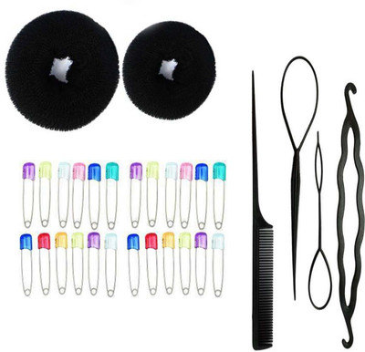 Sharum Crafts 2 Hair Donut, 4Pc Comb Set & 24 Multi Safety Pin Hair Accessory Set(Multicolor)