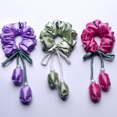fyBi Beautiful Satin Tulip scrunchie for women and girls Medium size pack of 3 Rubber Band(Multicolor)