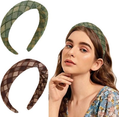 Lykaa Padded & Wide Headband, Boho Headband, Puffy Sponge Hair Accessories - Pack Of 2 Head Band(Brown, Green)