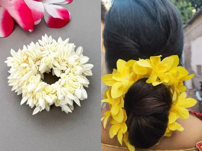 PSYCHFLORE YELLOW ORCHID WITH WHITE FABRIC GAJRA SET OF 2 PC-C1 Hair Accessory Set(Multicolor)