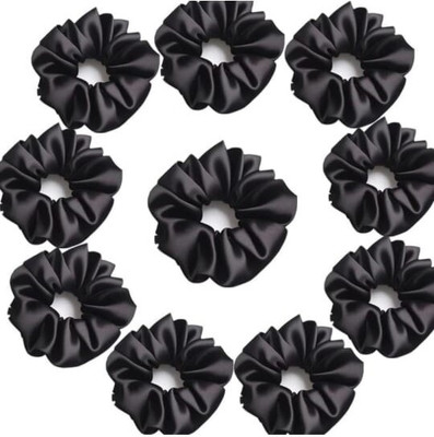 SM CREATION premium satin black medium size scrunchies (pack of 10) Rubber Band(Black)