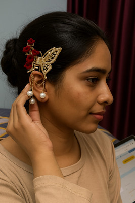 HNB23 Butterfly Floral Hair Clip with Pearl Chain – Golden Red Fancy Hair Accessory Hair Accessory Set(Red)
