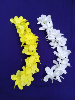 PSYCHFLORE Orchid Flower Gajra White & Yellow / Washable Flower Fabric Natural Look Hair Accessory Set(Multicolor)