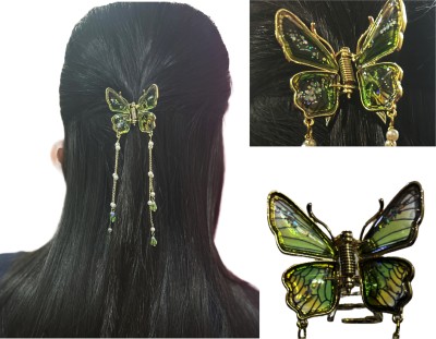 Fezzalo Premium Metal Butterfly Hair Claw Clip Trendy Sparkly Clutcher for Women & Girls Hair Claw(Gold, Green)