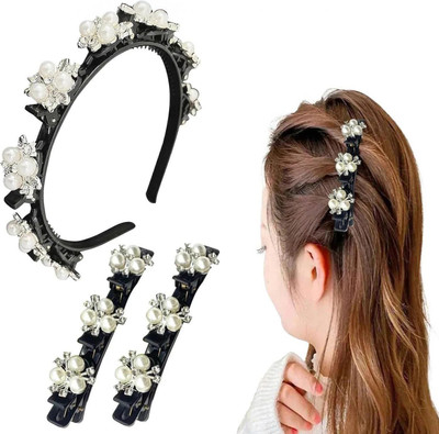 Lykaa Bangs style pin Head With Pearl Flower Alligator Clips - Pack of 3 Hair Band(Multicolor)