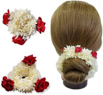 Simpiyega Creation 2Pcs Hair Red Rose White Mogra Artifical Scented Rubber Band Gajra for women Bun(White)