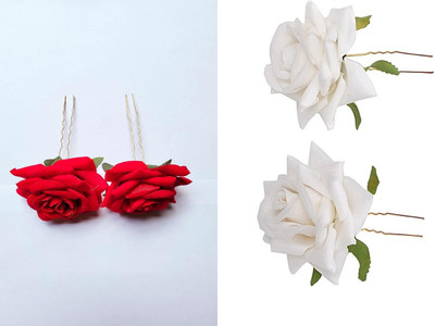 PSYCHFLORE RED ROSE PIN WITH WHITE ROSE PIN SET OF 4PC Hair Accessory Set(Multicolor)