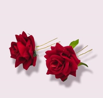 El Cabell 2 Pcs Light Weight Red Rose Flower Juda Pins For bridal juda Styling Hair Accessory Set(Red)