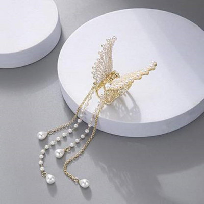 Gleba Korean Style Butterfly Grip Pearl Tassel Clip Hair Claw Metal Clip Hair Claw(Gold)