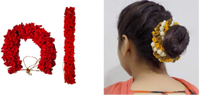 PSYCHFLORE RED ROSE GAJRA WITH YELLOW GOLDEN JORI GAJRA SET OF 2 PC-C1 Hair Accessory Set(Multicolor)