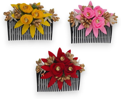 glam bands Pack Of 3 Flower Design Juda Comb Pin Wedding&Party Fancy Stylish Girls Bun Clip Hair Pin(Multicolor)