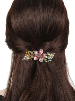 YELLOW CHIMES Gold Toned Red Floral Designed White Crystal Studded French Baratte Hair Clip Hair Clip(Multicolor)