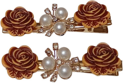 Alvero 2Pc Elegant Rose & Pearl Hair Pins for Women, Wedding Crystal Designer Floral Hair Clip(Brown)