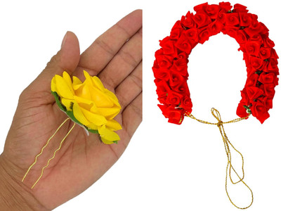 PSYCHFLORE RED ROSE GAJRA WITH YELLOW ROSE PIN SET OF 2 PC-Y0 Hair Accessory Set(Multicolor)