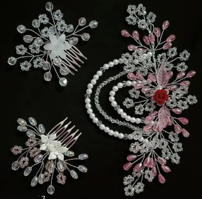 blush bella Tiara crown comb brooch clip pack of 3 crystal beads handmade tiara vines Hair Accessory Set(White)