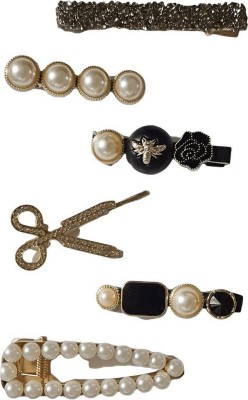 EHAWKER Studded Side Pins/Fancy Black & White Color/Pearl & Stones (Set of 6) Hair Clip(Black, White)
