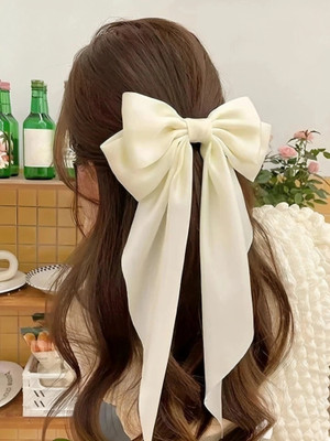 axocean Bow Hair Ribbon For Women And Girls Made With Silk Satin Hair Clip(White)