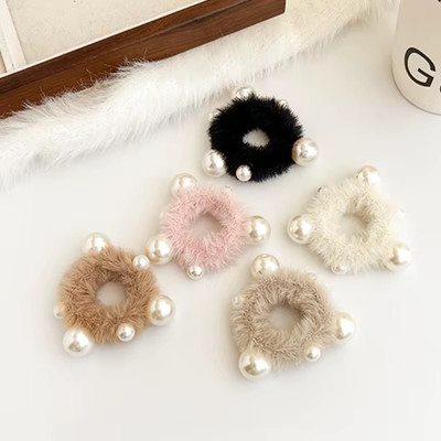 glam bands Korean Elastic Fur Stone Scrunchies 5pc Set Girls&Women Fancy Style Medium Bands Rubber Band(Multicolor)