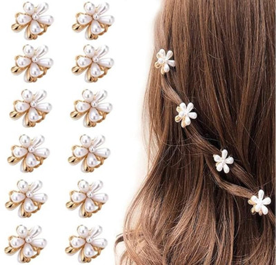 Freebies Classic Pearl Hair Clutcher for Girls, Golden Flower Mini Clip for Fancy Hair Clip(White)