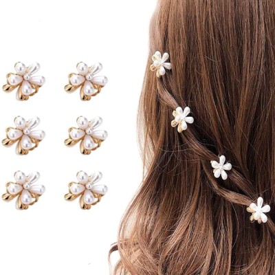 DN Creation Set of 6 White Korean Pearl Mini Hair Claw Clip Flower Design Clutcher Barrettes Hair Claw(White)