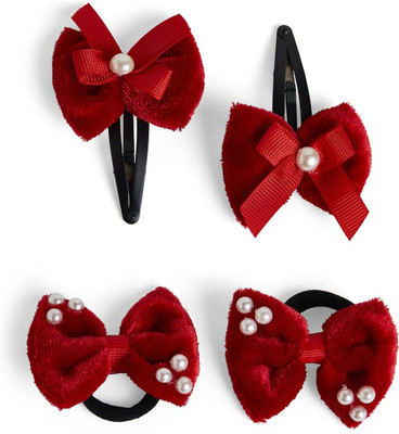 RibbonCandy Velvet Bow Tic Tac Pearls pins & Rubber bands - Red Hair Accessory Set(Red)