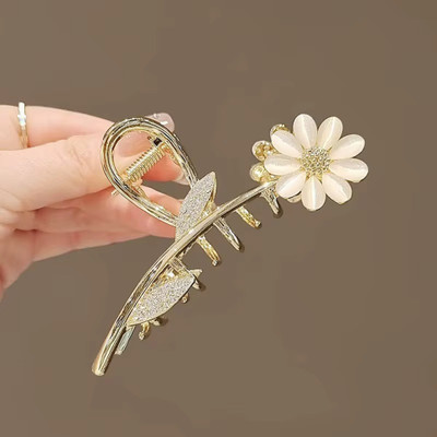 locklux Korean White Flower With Stones Wedding&Party Metal Clutcher 1p Fancy Women Clip Hair Claw(Gold)