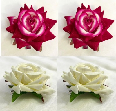 Fezzalo 4 pcs Combo Stylish White & Multicolour Artificial hair Rose Flower/ Hair Clip Bun Clip(White, Multicolor)