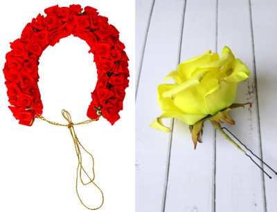 PSYCHFLORE RED ROSE GAJRA WITH YELLOW ROSE PIN SET OF 2 PC-R2 Hair Accessory Set(Multicolor)