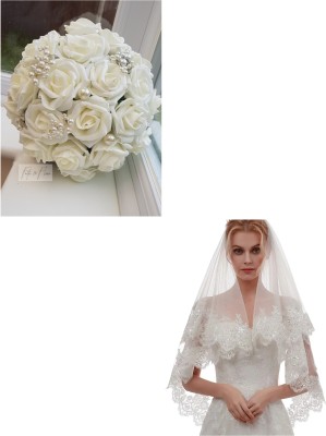 UNIQUE BRIDAL Combo set 2Tier sequence lace veil 1.5meter and bouquet Bun(White)