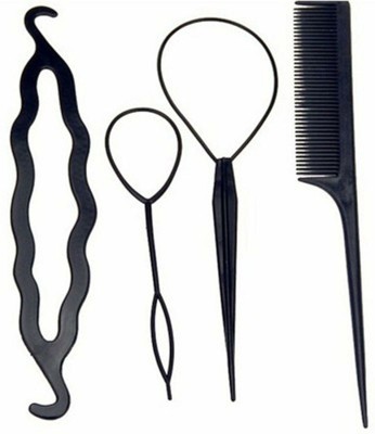 NERR Topsy Tail Braid Ponytail Hair Bun Maker 4pc Hair Accessory Set (Black) Hair Accessory Set(Black)