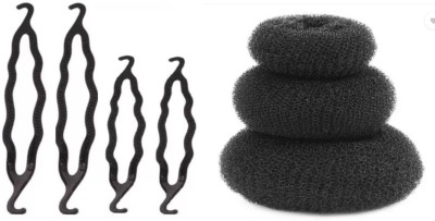 Fezzalo 4 Pcs Hair Juda Twister/ Hair Lock & 3 Pcs Hair Donut Puff Bun Maker Hair Bun Hair Accessory Set(Black)