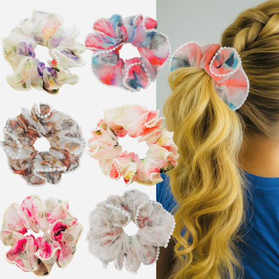 LUXELOCKS Set of 6 pcs Pearl-Trimmed Floral Hair Scrunchies for Girls Rubber Band(Multicolor)