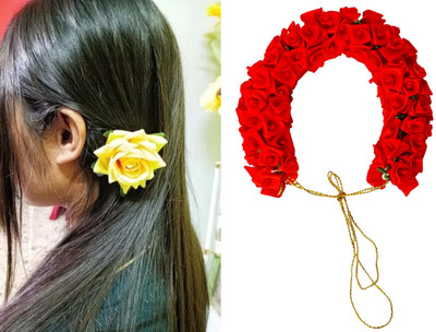 PSYCHFLORE RED ROSE GAJRA WITH YELLOW ROSE PIN SET OF 2 PC-Y1 Hair Accessory Set(Multicolor)