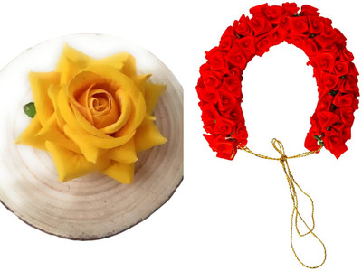 PSYCHFLORE RED ROSE GAJRA WITH YELLOW ROSE CLIP SET OF 2 PC-Y0 Hair Accessory Set(Multicolor)