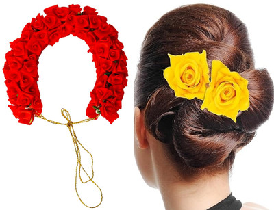 PSYCHFLORE RED ROSE GAJRA WITH YELLOW ROSE PIN SET OF 3 PC-Y2 Hair Accessory Set(Multicolor)