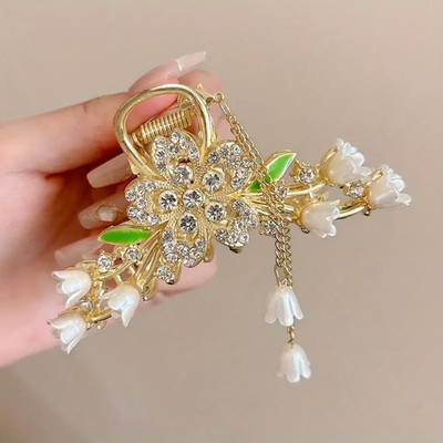 BeautyCulture Premium Elegant Floral Rhinestone Tassel HairClaw Large SharkClip for Thick Hair Hair Claw(Gold)
