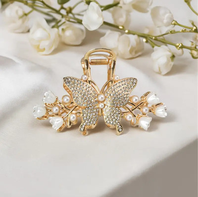 BeautyCulture Elegant Lily Of The Valley & Butterfly Rhinestone Tassel Hair Claw Clip Hair Claw(Gold)
