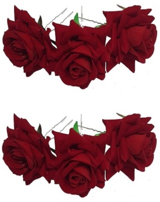 El Cabell Fabric Maroon Rose Flower U Shape Hair pin For Bridal Hair Juda Bun Hair Accessory Set(Maroon)